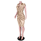 Casual Short Sleeve Reflection Silk Women Sexy Turn-Down Collar Button Pleated Nightclub Shirt Midi Dress ASL-6393