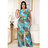 Plus Size Women's Fashion Loose Casual V Neck Print Backless Boho Halter Wide Leg Summer Jumpsuits ASL-7037