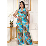 Plus Size Women's Fashion Loose Casual V Neck Print Backless Boho Halter Wide Leg Summer Jumpsuits ASL-7037