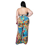 Plus Size Women's Fashion Loose Casual V Neck Print Backless Boho Halter Wide Leg Summer Jumpsuits ASL-7037