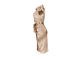 Casual Short Sleeve Reflection Silk Women Sexy Turn-Down Collar Button Pleated Nightclub Shirt Midi Dress ASL-6393