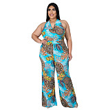 Plus Size Women's Fashion Loose Casual V Neck Print Backless Boho Halter Wide Leg Summer Jumpsuits ASL-7037