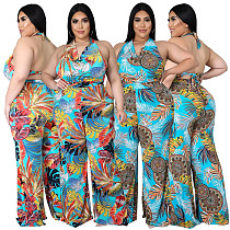 Plus Size Women's Fashion Loose Casual V Neck Print Backless Boho Halter Wide Leg Summer Jumpsuits ASL-7037