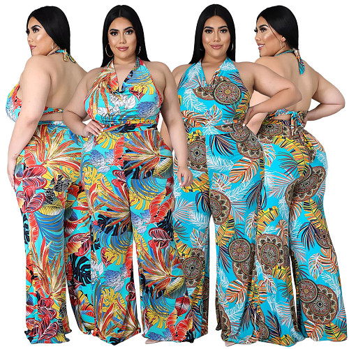 Plus Size Women's Fashion Loose Casual V Neck Print Backless Boho Halter Wide Leg Summer Jumpsuits ASL-7037
