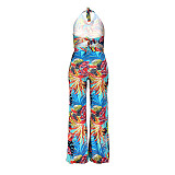 Plus Size Women's Fashion Loose Casual V Neck Print Backless Boho Halter Wide Leg Summer Jumpsuits ASL-7037