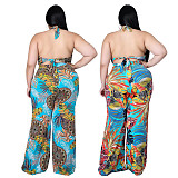 Plus Size Women's Fashion Loose Casual V Neck Print Backless Boho Halter Wide Leg Summer Jumpsuits ASL-7037