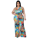 Plus Size Women's Fashion Loose Casual V Neck Print Backless Boho Halter Wide Leg Summer Jumpsuits ASL-7037