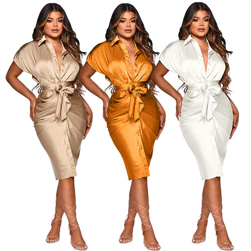 Casual Short Sleeve Reflection Silk Women Sexy Turn-Down Collar Button Pleated Nightclub Shirt Midi Dress ASL-6393