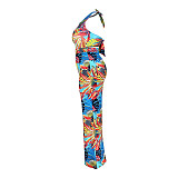 Plus Size Women's Fashion Loose Casual V Neck Print Backless Boho Halter Wide Leg Summer Jumpsuits ASL-7037