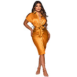 Casual Short Sleeve Reflection Silk Women Sexy Turn-Down Collar Button Pleated Nightclub Shirt Midi Dress ASL-6393