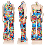 Plus Size Women's Fashion Loose Casual V Neck Print Backless Boho Halter Wide Leg Summer Jumpsuits ASL-7037