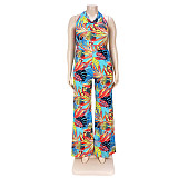 Plus Size Women's Fashion Loose Casual V Neck Print Backless Boho Halter Wide Leg Summer Jumpsuits ASL-7037