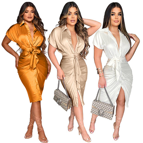 Casual Short Sleeve Reflection Silk Women Sexy Turn-Down Collar Button Pleated Nightclub Shirt Midi Dress ASL-6393