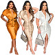 Casual Short Sleeve Reflection Silk Women Sexy Turn-Down Collar Button Pleated Nightclub Shirt Midi Dress ASL-6393