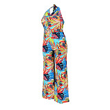 Plus Size Women's Fashion Loose Casual V Neck Print Backless Boho Halter Wide Leg Summer Jumpsuits ASL-7037
