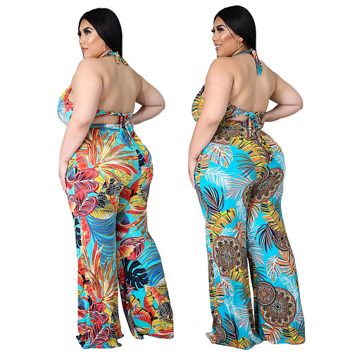 Plus Size Women's Fashion Loose Casual V Neck Print Backless Boho Halter Wide Leg Summer Jumpsuits ASL-7037