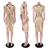Casual Short Sleeve Reflection Silk Women Sexy Turn-Down Collar Button Pleated Nightclub Shirt Midi Dress ASL-6393