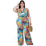 Plus Size Women's Fashion Loose Casual V Neck Print Backless Boho Halter Wide Leg Summer Jumpsuits ASL-7037
