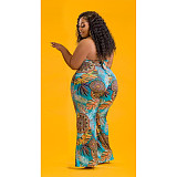Plus Size Women's Fashion Loose Casual V Neck Print Backless Boho Halter Wide Leg Summer Jumpsuits ASL-7037