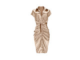 Casual Short Sleeve Reflection Silk Women Sexy Turn-Down Collar Button Pleated Nightclub Shirt Midi Dress ASL-6393