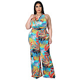 Plus Size Women's Fashion Loose Casual V Neck Print Backless Boho Halter Wide Leg Summer Jumpsuits ASL-7037