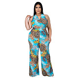 Plus Size Women's Fashion Loose Casual V Neck Print Backless Boho Halter Wide Leg Summer Jumpsuits ASL-7037