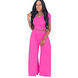 Fashion Solid Women Summer Short Sleeve Crop Tops Loose Long Wide Leg Pants Two Piece Set XMY-9318