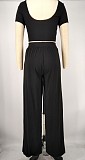 Fashion Solid Women Summer Short Sleeve Crop Tops Loose Long Wide Leg Pants Two Piece Set XMY-9318