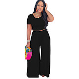 Fashion Solid Women Summer Short Sleeve Crop Tops Loose Long Wide Leg Pants Two Piece Set XMY-9318