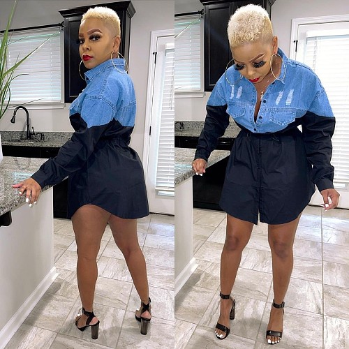 Women Autumn Fashion Denim Patchwork Turn Down Collar Long Sleeve Full Button T Shirt Mini Dress WY-6836