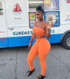 Sexy Solid Color Drawstring Spaghetti Strap Wrap Chest Crop Top Pleated Stacked Pants 2 Piece Set  WYP-8982