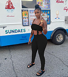 Sexy Solid Color Drawstring Spaghetti Strap Wrap Chest Crop Top Pleated Stacked Pants 2 Piece Set  WYP-8982