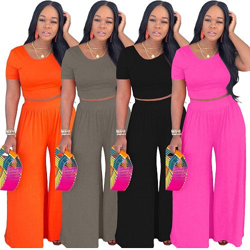 Fashion Solid Women Summer Short Sleeve Crop Tops Loose Long Wide Leg Pants Two Piece Set XMY-9318