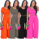 Fashion Solid Women Summer Short Sleeve Crop Tops Loose Long Wide Leg Pants Two Piece Set XMY-9318