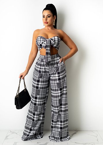 Sexy Flowers Print Sleeveless Bandage Strapless Crop Top Wide Leg Pants Woman Matching 2 Piece Sets XMY-9319
