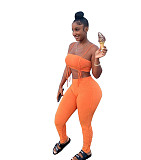 Sexy Solid Color Drawstring Spaghetti Strap Wrap Chest Crop Top Pleated Stacked Pants 2 Piece Set  WYP-8982
