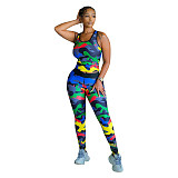 Women Sets 2021 Summer Camouflage Printed Sleeveless Vest Leggings Sport Yoga Two Piece Pants Outfits WYP-8981