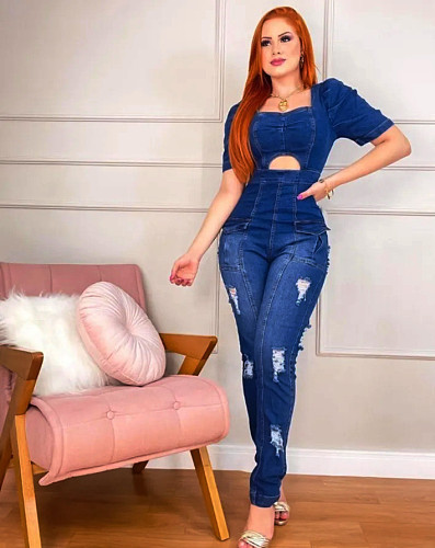 Summer 2021 Vintage Washed Hollow Ripped Square Collar Puff Short Sleeve Women Denim Jumpsuits LX-6909