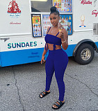 Sexy Solid Color Drawstring Spaghetti Strap Wrap Chest Crop Top Pleated Stacked Pants 2 Piece Set  WYP-8982