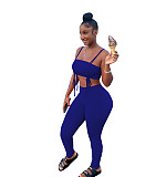 Sexy Solid Color Drawstring Spaghetti Strap Wrap Chest Crop Top Pleated Stacked Pants 2 Piece Set  WYP-8982