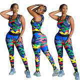 Women Sets 2021 Summer Camouflage Printed Sleeveless Vest Leggings Sport Yoga Two Piece Pants Outfits WYP-8981