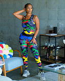 Women Sets 2021 Summer Camouflage Printed Sleeveless Vest Leggings Sport Yoga Two Piece Pants Outfits WYP-8981