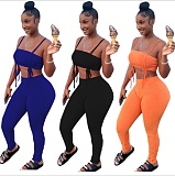 Sexy Solid Color Drawstring Spaghetti Strap Wrap Chest Crop Top Pleated Stacked Pants 2 Piece Set  WYP-8982