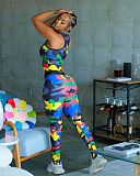 Women Sets 2021 Summer Camouflage Printed Sleeveless Vest Leggings Sport Yoga Two Piece Pants Outfits WYP-8981