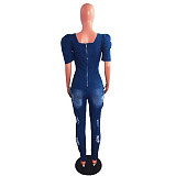 Summer 2021 Vintage Washed Hollow Ripped Square Collar Puff Short Sleeve Women Denim Jumpsuits LX-6909