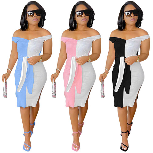Summer New Off Shoulder Short Sleeve Patchwork Women Sexy Evening Party Bandage Midi Dress YIM-209