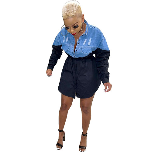 Women Autumn Fashion Denim Patchwork Turn Down Collar Long Sleeve Full Button T Shirt Mini Dress WY-6836