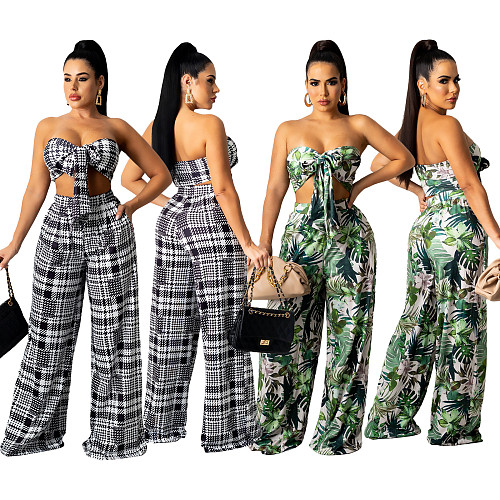 Sexy Flowers Print Sleeveless Bandage Strapless Crop Top Wide Leg Pants Woman Matching 2 Piece Sets XMY-9319