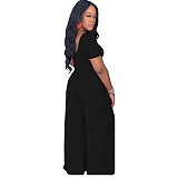 Fashion Solid Women Summer Short Sleeve Crop Tops Loose Long Wide Leg Pants Two Piece Set XMY-9318