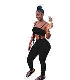 Sexy Solid Color Drawstring Spaghetti Strap Wrap Chest Crop Top Pleated Stacked Pants 2 Piece Set  WYP-8982